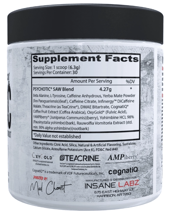 Pré-Treino Psychotic High Stim com OxyGold e AMPiberry, Sabores, Insane Labz