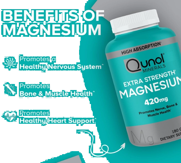 Magnésio 420mg, 100% DV, Saúde óssea e Muscular, 180 Cápsulas, Qunol
