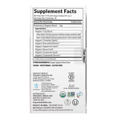 Chá ( Chá Tulsi, Canela e Rosa, Místico) Sem Cafeína, 18 Sacos de Infusão