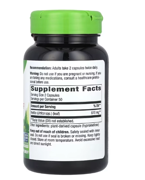 Nettle Leaf, Folha de Urtiga 870mg, 100 Cápsulas, Nature's Way