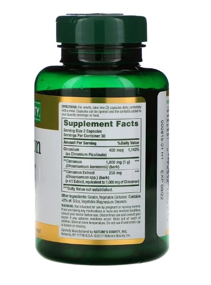 Cinnamon,  Canela e Cromo, 2000 mg, 60 Cápsulas, Nature's Bounty