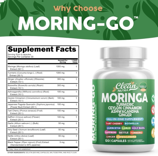 Moringa Com Cúrcuma, Folha de Moringa, Canela do Ceilão, Ashwagandha, Gengibre, Cereja, Boswellia, 120 Cápsulas, Clean N