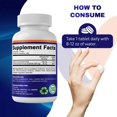 Sulfato Ferroso + Vitamina C, 325 mg, 250 Comprimidos, Vitamatic
