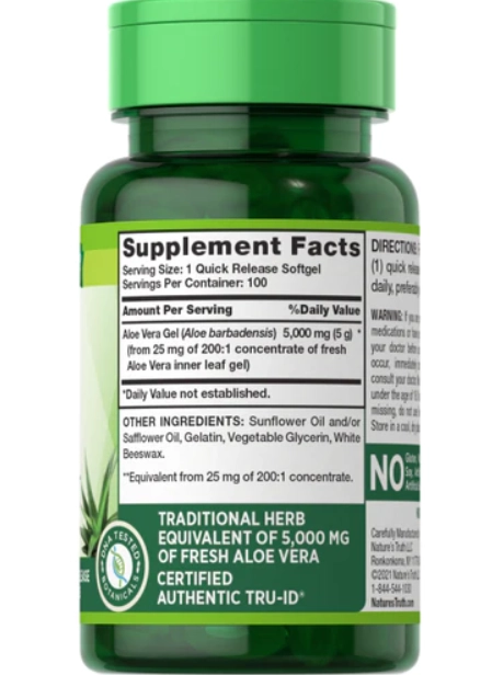 Aloe Vera, Gel de Babosa, 5000mg, 100 Cápsulas, Nature's Truth