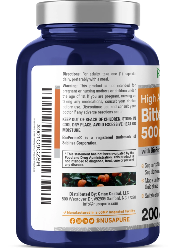 Bitter Orange 500mg, Laranja Amarga, 200 Cápsulas, NusaPure