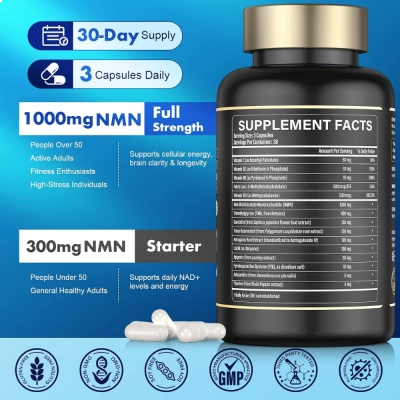NMN Supplement, 1000mg, 15 em 1, 90 Cápsulas, Hydsoqmo