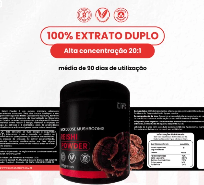 Extrato Puro e Concentrado, Cogumelo Reishi Powder, 100g em Pó, Microdose Life