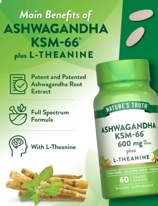 Ashwagandha KSM-66 com L-Teanina, 60 Cápsulas, Nature's Truth