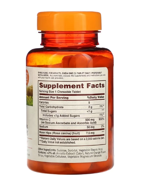 Vitamina C com Rosa Mosqueta Natural, Laranja, 500 mg, 100 Comprimidos Mastigáveis, Sundown