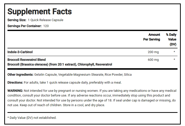 Indol-3-Carbinol 200mg com Resveratrol, 120 Cápsulas, PipingRock