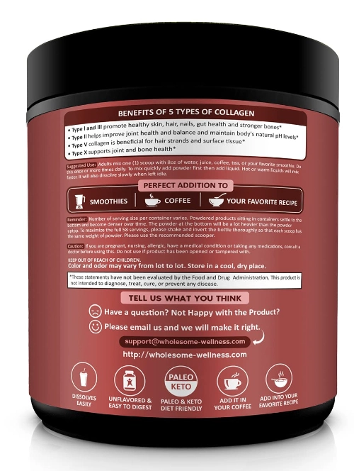 Multicolágeno Hidrolisado Tipo I II III V X, com Peptídeos, 454g Sem Sabor, Wholesome Wellness 