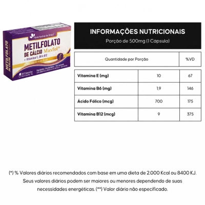 Metilfolato de Cálcio + Vitaminas, E, B6 e B12, 30 Cápsulas, Flora Nativa