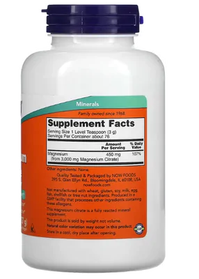 Citrato de Magnésio em Pó Puro, 227g, Now