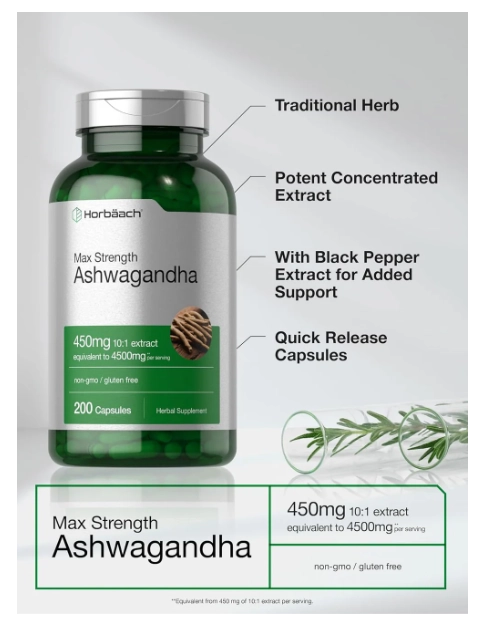 Ashwagandha 450mg Com Pimenta Negra 18mg, 200 Cápsulas, Horbaach