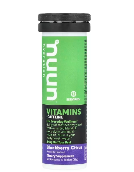 Vitamínico Efervescente, Vitaminas + Cafeína,12 Comprimidos Sabor Cítrico de Amora, Nuun