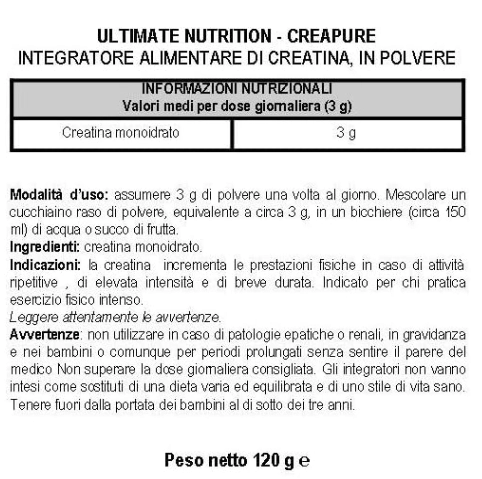 Creatina Monohidratada 100% Micronizada, 120g, Ultimate Nutrition