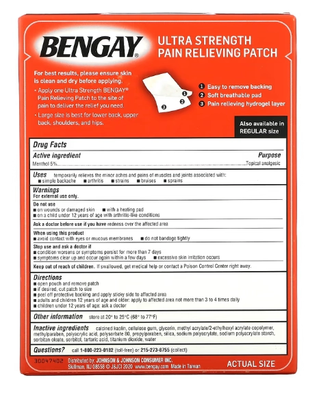 Adesivo para alívio da dor, De ultra resistência, Grande, 4 adesivos, Bengay