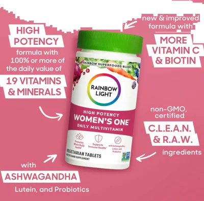 Multivitamínico One para Mulheres. Com vitamina C, D e Zinco, 60 comprimidos, Rainbow Light