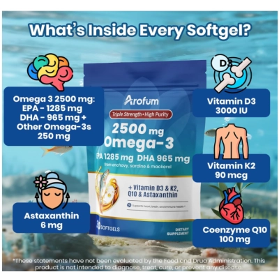 Omega 3, Fish Oil 2500mg, com Vitamina D3 e K2, 300 Cápsulas Sabor Limão, Arofum