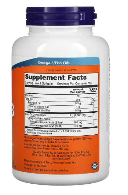 Ômega-3, 1,000mg, 180 EPA/120 DHA, 200 Cápsulas, Now