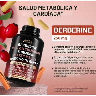 Complexo 15 em 1, com Berberina, Canela, Melão Amargo, Espinheiro e Cúrcuma, 60 Cápsulas, NutraHarmony