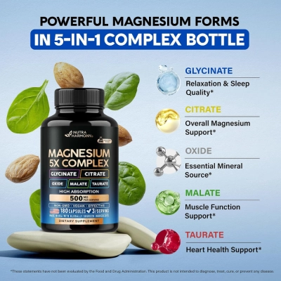 Complexo de Magnésio 5 em 1, 500 mg, 180 Cápsulas, Nutra Harmony 