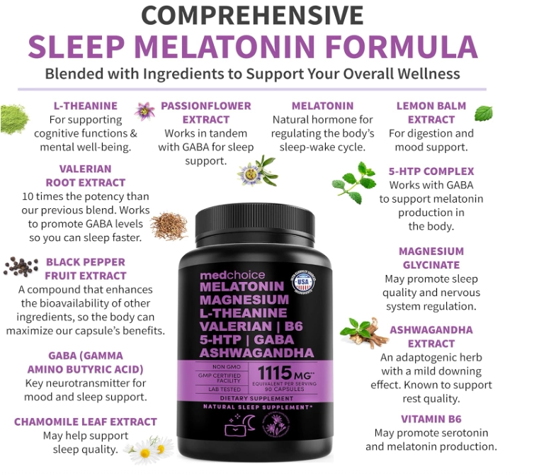 Melatonina 5mg, 12 em 1 com Magnésio, GABA, 5-HTP, Ashwagandha e L-teanina, 1115mg, 90 Cápsulas, MedChoice