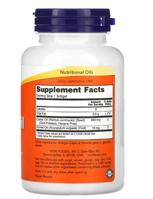 Óleo de Rícino, 650mg, 120 Cápsulas, Now