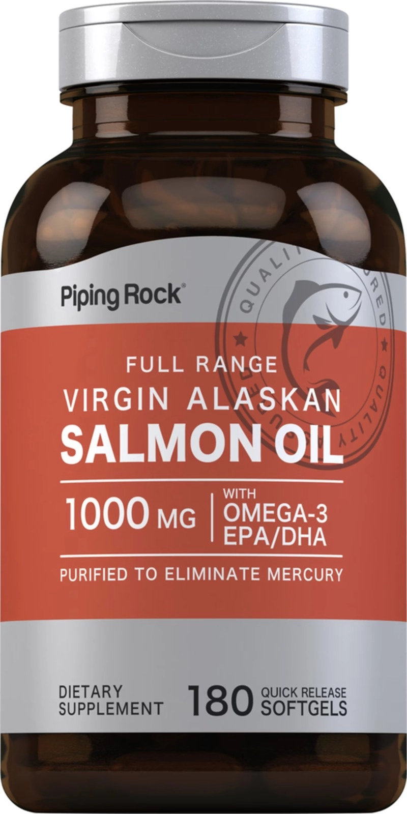 Óleo de Salmão 1000mg, Óleo Virgem selvagem do Alasca, 180 Cápsulas, PipingRock