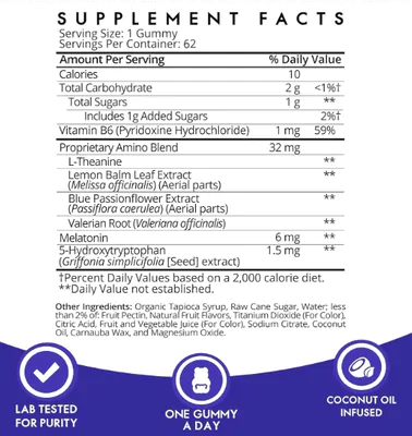 Melatonina 6mg, com 5-HTP, Magnesio, L-teanina e Valeriana, 62 Gomas, SugarbearPro