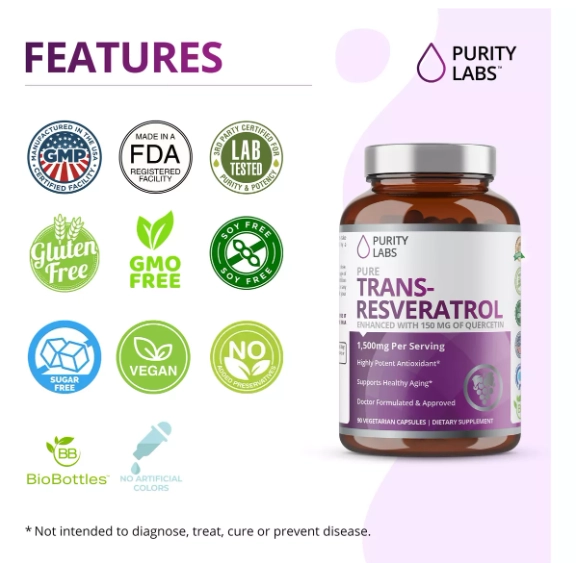 Trans Resveratrol com Quercetina, 1350mg, 90 Cápsulas, Purity Labs