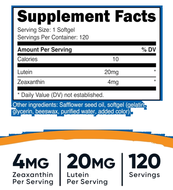 Zeaxanthin 4mg com Luteína 20mg, 120 Softgels, Nutricost