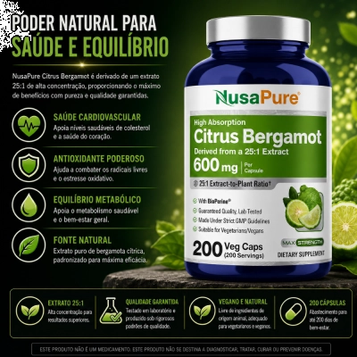 Bergamota Cítrica, 600mg, Saúde Cardiovascular e Metabolismo, 200 Cápsulas, Nusa Pure
