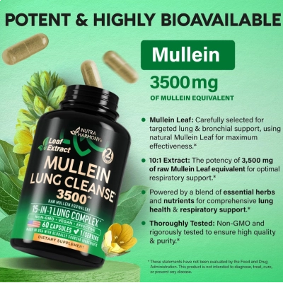 Mullein Lung Cleanse 3500mg, Desintoxicação Pulmonar, 120 Cápsulas, Nutra Harmony