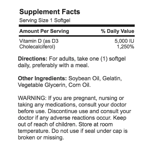 Vitamina D3 5.000IU, 100 Capsulas, Puritans Pride