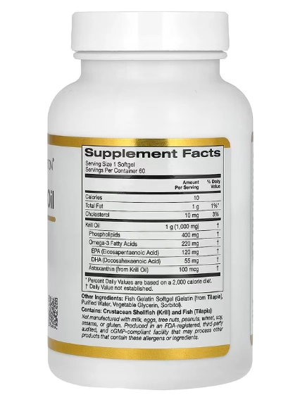 Óleo de Krill Premium 1000mg com Superba2, 60 Cápsulas, California Gold Nutrition