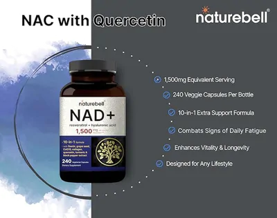 NAD+ 1500mg, com Resveratrol Plus Ácido Hialurônico, Quercetina, Fisetina e Colágeno, 240 Cápsulas, NatureBell