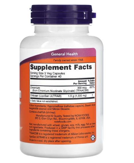 Chitosan Plus Chromium, 500mg, 120 Cápsulas, Now
