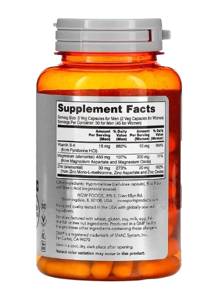 ZMA Com Zinco, Magnésio e Vitamina B-6, 90 Cápsulas, Now