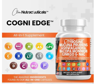 Cogni Edge, Gujisa L Tirosina 1000mg, Com Mucuna Prurien, Bacopa, Ashwagandha e NAC, 90 Cápsulas, Clean Nutraceuticals