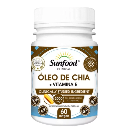 Óleo de Chia, 2000mg, Com  Vitamina E, 60 Cápsulas, Sunfood