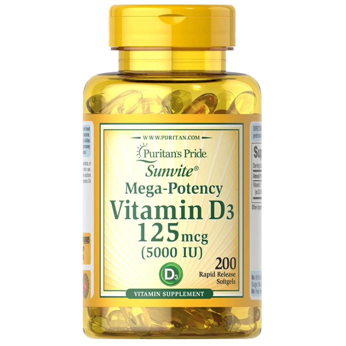 Vitamina D3, 125mcg (5.000iu), 200 Cápsulas, Puritan's Pride