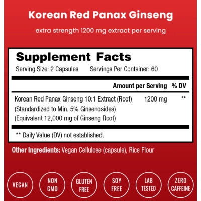 Korean Panax Ginseng 12000mg, 120 Cápsulas, NutraChamps