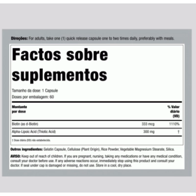 Ácido Alfa-lipóico plus 300mg Otimizador de Biotina, 60 Cápsulas, PipingRock