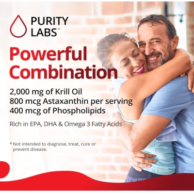 Óleo de Krill Antártico Puro 1000mg, com Astaxantina, Ômega  e Fosfolipídios, 60 Cápsulas, Purity Labs