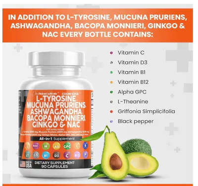 Cogni Edge, Gujisa L Tirosina 1000mg, Com Mucuna Prurien, Bacopa, Ashwagandha e NAC, 90 Cápsulas, Clean Nutraceuticals