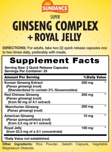 Ginseng Complex Com Geleia Real, 50 Cápsulas, Sundance
