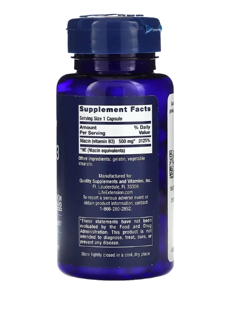 Vitamina B3 Niacina, 500mg, 100 Cápsulas, Life Extension