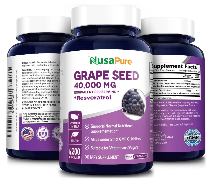 Grape Seed 40,000mg e Resveratrol, 200 Cápsulas, NusaPure