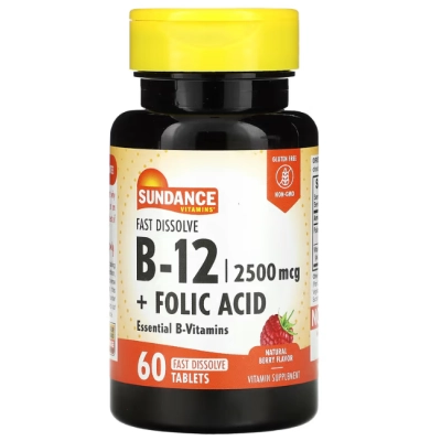 Vitamins B12 + Ácido Fólico, 60 Comprimidos Sabor Fruto Silvestre, Sundance 